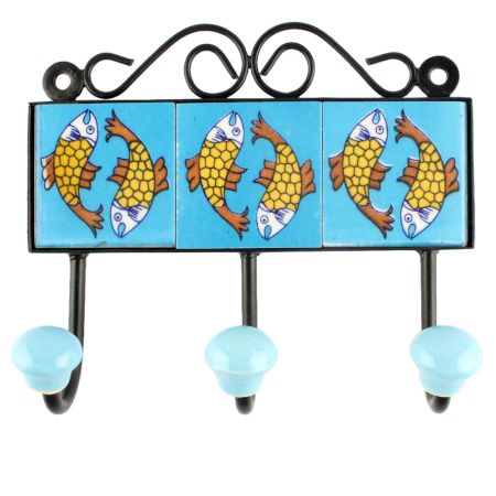 Turquoise Base Ceramic Floral Tile Hook in Yellow Fish 